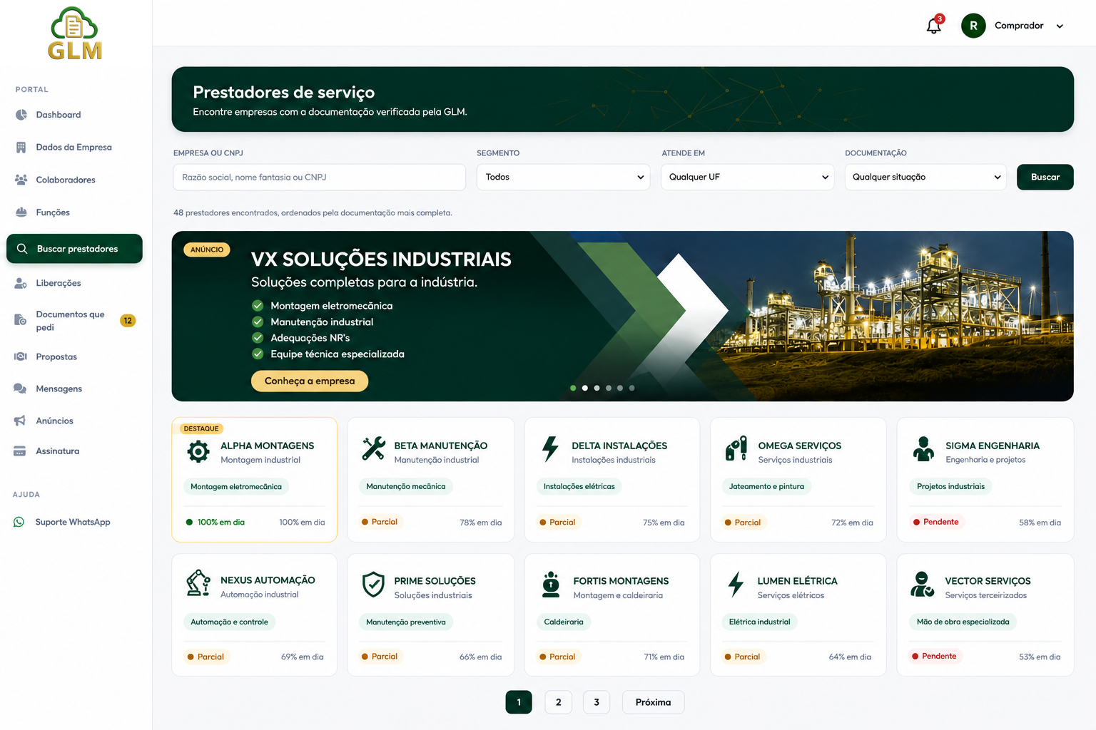 Tela demonstrativa de busca de prestadores na GLM com empresas fictícias