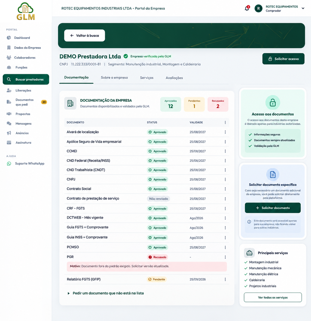 Tela demonstrativa da indústria acompanhando documentos de um prestador