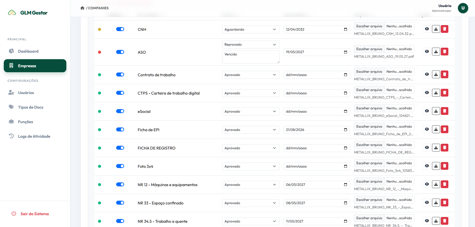 Tela real do GLM Documentos para controle de documentos de terceirizados