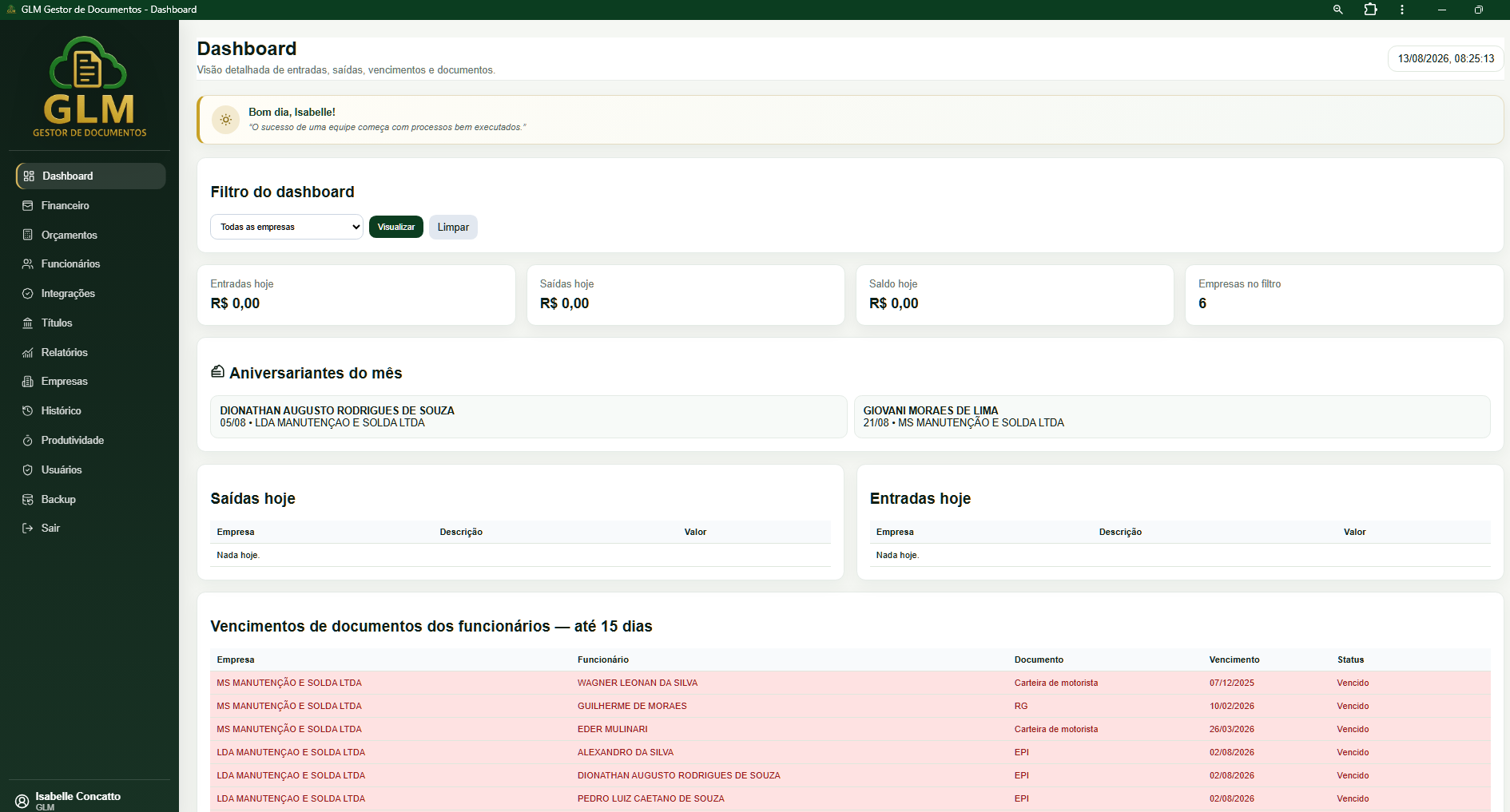 Tela demonstrativa do GLM Gestor